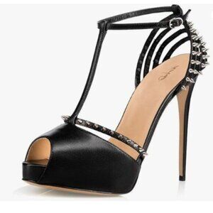 XYD Black Sexy Platform High Heel Spikes Studded Peep Toe T-strap Chic Sandals